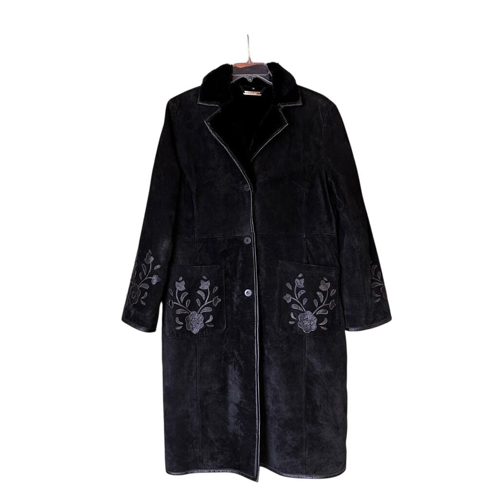 Brandon Thomas Suede Coat XL (Fits L) Black Floral Leather Appliqué Faux Fur